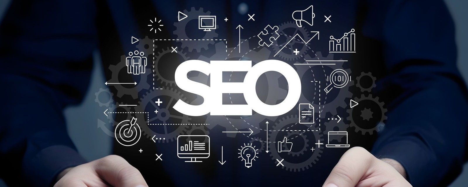 man holding tablet with seo graphic